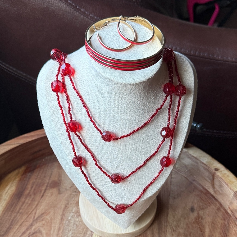 Red Beaded Layered Necklace Set with bangle and Hoop Earrings